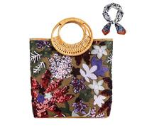 OuLi Store Borsa in iuta con manici in bambù naturale, da donna con sacchetto di ricamo floreale glitterato borsa da sera borsa per festa donna borsa da spiaggia (viola)