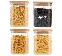Oungy 4 barattoli con coperchio, rettangolari, 850 ml, borosilicato, con coperchio in bambù, rettangolari, in vetro, con coperchio in legno, per pasta, cereali, riso, tè, caffè, spezie