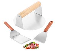 Oungy Set di 3 hamburger con pressa per hamburger in acciaio inox e 2 spatole per barbecue, hamburger smasher per interni ed esterni, spatola per pizza con manici in legno, per smash hamburger