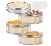 Oungy Steamer in bambù a 3 ripiani, diametro 20 cm, con coperchio e 3 cesti per vapore, in bambù, per gnocchi, riso, dim sum, verdure, carne