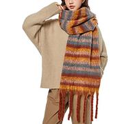 OUNIYA Grande sciarpa scozzese spessa a quadri colorati sciarpe oversize morbida grande lana di cashmere spessa inverno coperta calda da donna, Striscia blu marrone, Large