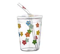 OUNONA Bicchiere Vetro Resistente Al Calore con Cannuccia Capacità Design a Fiore Leggero e Portatile per Latte e Succo