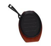 OUNONA Piastra in Ghisa con Base in Legno e Forchetta Padella per Bistecca e Teppanyaki Resistente ad Temperature per Cucina Western e Bbq