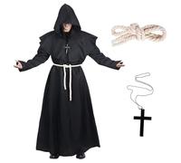 OUOQI Costume da Monaco,Abito Sacerdote,Abito da Monaco Costume,Costume da Prete,Sacerdote Hooded Robe,Frate Accappatoio Medievale,Sacerdote Cappuccio Costume,con Collana a Croce & Corda in Vita