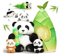 OUOZZZ Set di 5 orsacchiotti panda mamma con 3 cuccioli nel ventre | Set morbido panda da da 25 cm con sacchetto di bambù, peluche interattivo mamma con 3 neonati, regalo per bambini.