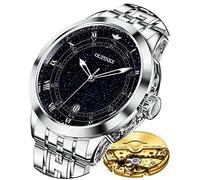OUPINKE Orologio automatico da uomo, con cielo stellato, di lusso, meccanico, impermeabile, con data, in acciaio al tungsteno e zaffiro luminoso, Argento, orologi da sera