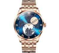 OUPINKE Orologio da polso da uomo, automatico, con cielo stellato, fasi lunari, oro rosa, argento, in acciaio inox, a carica automatica, lussuoso, da lavoro, impermeabile