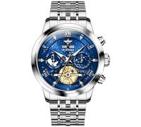 OUPINKE Orologio da polso da uomo, con scheletro, meccanico, automatico, di lusso, nero, impermeabile, luminoso, in tungsteno e vetro zaffiro, G3255: cinturino argento e quadrante blu, G3255