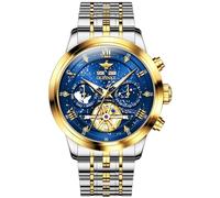 OUPINKE Orologio da polso da uomo, con scheletro, meccanico, automatico, di lusso, nero, impermeabile, luminoso, in tungsteno e vetro zaffiro, G3255: cinturino bicolore e quadrante blu, G3255