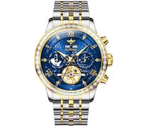 OUPINKE Orologio da polso da uomo, con scheletro, meccanico, automatico, di lusso, nero, impermeabile, luminoso, in tungsteno e vetro zaffiro, GZ3255Z: cinturino bicolore e quadrante blu, G3255