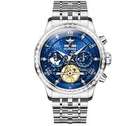 OUPINKE Orologio da polso da uomo, con scheletro, meccanico, automatico, di lusso, nero, impermeabile, luminoso, in tungsteno e vetro zaffiro, GZ3255Z: cinturino argento e quadrante blu, G3255