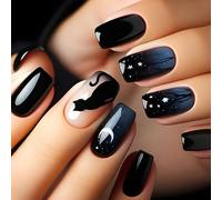our fave 24 unghie finte a forma di luna e stella, sfumate, lucide, con gatti neri, attaccabili per feste
