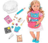 Our Generation Jenny, bambola panettiera posabile da 46 cm con accessori | Occhi verdi che si aprono e si chiudono, capelli biondi ricci, abbigliamento da chef e accessori per cupcake, Jenny, 5+ anni