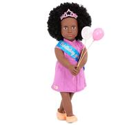 Our Generation - Kehlani - Bambola di compleanno da 46 cm - Occhi marroni e capelli neri ricci realistici - Abito rosa e accessori per feste - Giocattolo per bambini dai 3 anni in su