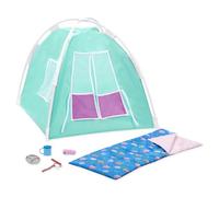 Our Generation Happy Camper - Set da campeggio per bambole da 45,7 cm, giocattolo avventura all'aperto con tenda, sacco a pelo, accessori per falò, bastoncino di marshmallow, salsiccia, piatto da