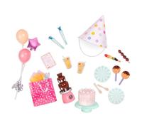 Our Generation Sweet Celebration, set compleanno per bambole da 46 cm | 24 accessori per feste con torta, 3 palloncini, cappello, invito e fontana di cioccolato; per bambole da 46 cm; 3+ anni