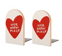Our Happy Place - Fermalibri in legno a forma di cuore rosso, 2 pezzi, robusto, organizer da scrivania per casa e ufficio