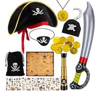 Ourdort 28 Pezzi Costume da Pirata per Bambini, Cappello da Pirata, Moneta D'oro, Cannocchiale Bambini, Tatuaggi Temporanei Bambini, Pirata Accessori Bambini, per Halloween Carnevale Party Cosplay