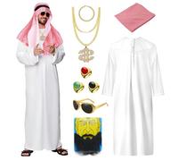 Ourdort Costume da sceicco arabo, Costume Sceicco Arabo Uomo, Arab Costume Set, Vestito Arabo Uomo con Collane, Anelli, Occhiali da Sole, Sciarpe, Costume per Adulto e accessori per Feste, Carnevale