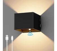 OurLeeme Lampada da parete con batteria - Lampada da parete LED per interni con sensore di movimento e interruttore, luce per scale ricaricabile, illuminazione da parete in nero (luce calda)