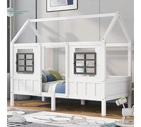 OurLeeme Lettino per bambini a forma di casa, letto singolo con griglie di sicurezza e guide, finestra e tetto, telaio in legno di pino, per ragazzi, MDF, bianco, 200 x 90 cm
