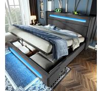 OurLeeme Letto imbottito, struttura per letto matrimoniale con stazione di ricarica e illuminazione a LED, moderna struttura in metallo con spazio di archiviazione, doghe in legno senza materasso