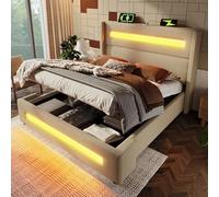 OurLeeme Letto imbottito, struttura per letto matrimoniale con stazione di ricarica e illuminazione a LED, moderna struttura in metallo con spazio di archiviazione, doghe in legno senza materasso