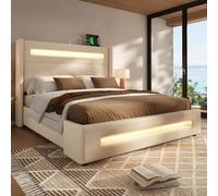OurLeeme Letto imbottito, struttura per letto matrimoniale con stazione di ricarica e illuminazione a LED, moderna struttura in metallo con spazio di archiviazione, doghe in legno senza materasso