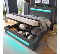 OurLeeme Letto imbottito, struttura per letto matrimoniale con stazione di ricarica e illuminazione a LED, moderna struttura in metallo con spazio di archiviazione, doghe in legno senza materasso