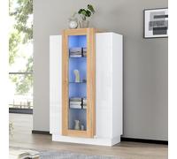 OurLeeme Vetrina vetrina trasparente lucida con scaffalatura a LED con 3 ripiani in vetro e 3 ante, vetrina per soggiorno, 74 x 40 x 120 cm