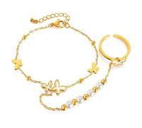 Ouruiba Bracciale e anello in acciaio inossidabile con farfalla in madreperla placcato oro, set da mano elegante regolabile per donna e ragazza, Acciaio inossidabile