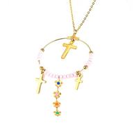 Ouruiba Collana con ciondolo circolare con frange, a forma di fiore, croce, rosa, in acciaio inossidabile, regolabile, gioiello bohémien, etnico, donna, acciaio inox