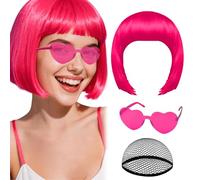 OuryTech Parrucca Carnevale, Parrucca Rossa a caschetto con frangia, Parrucca corta per donne, Parrucca divertente resistente al calore per cosplay con occhiali da sole e cuffia per parrucche per