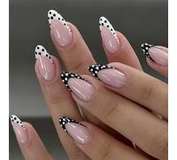 OuryTech Press On Nails, 24 pezzi di unghie adesive con punte French nere e bianche, Unghie artificiali a forma di mandorla, Riutilizzabili