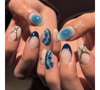 OuryTech Press On Nails, 24 pezzi di unghie adesive forma corta a mandorla, design French tip con stampa alligatore blu ombre e stelle argentate unghie finte per donne