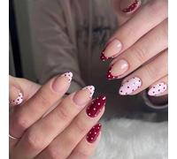 OuryTech Press On Nails Lang, 24 pezzi Dot Press On Nails Medium Almond, Unghie French bianche e rosse con design a pois, Unghie artificiali riutilizzabili, Copertura completa
