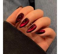 OuryTech Press on Nails Rosso, 24 Pezzi Dark Red Cat Eye Unghie Finte, Glitter Mandorla Media, Press on Brillanti con Colla Bling, per Donne