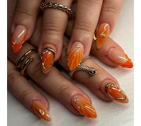 OuryTech Unghie Finte a Mandorla, 24 Pezzi Unghie Finte Autoadesive, Unghie a Pressione Arancio Mandorla con Design Lineare Dorato, Finitura Lucida per Donne (Tipo G)