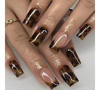 OuryTech Unghie Finte Adesive a Mandorla, 24 Pezzi di Unghie Artificiali Corte Quadrate con Motivo Leopardo Marrone e French Tip per Donne (Tipo D)