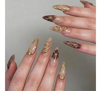 OuryTech Unghie Finte Mandorla, 24 Pezzi Medium Leopard Unghie Finte, con Design 3D Oro e Fiori, Finitura Lucida, Unghie Artificiali Riutilizzabili