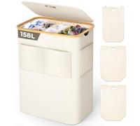 OUSFOT Cesto per la Biancheria 158L con 3 Scomparti per Vestiti Sporchi con Coperchio e Manico in bambù Sacco di Stoffa Pieghevole con Caricamento Frontale Cesto per la Biancheria Beige