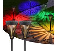 OUSFOT Luci Giardino Energia Solare, RGB e Luce Calda, IP65 Impermeabile Faretti Solari da Illuminazione Giardino, 2 in 1 Lampade Solari per Cortile, Decorazioni Feste, Halloween, Natale, 2 Pezzi