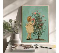OUSHION ART Cute Girl Smiling Red Rose Retro della tela di canapa Pittura Poster e Pritns Vintage Cute Stampe su tela Nuesery Decor Kid's Room Decor 60x40cm Frame interno