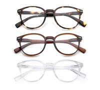 OuShiun Occhiali da lettura Blue Light Blocking, Rotondi per Uomini e Donne, Telaio Leggero, Anti-Fatica Oculare - Colori: Tartaruga, Tè, Trasparente, Potenza 3.5