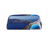 OUSIKA Santorini - Trousse in pelle con vista sul mare dell'isola greca, astuccio da viaggio per cosmetici, borsa per cosmetici, borsa per riporre oggetti quotidiani da donna, Oro, Taglia unica