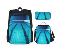 OUSIKA Set di 3 zaini blu con stampa piscina, casual, con portapranzo, astuccio per donne e uomini, Nero , Taglia unica, Zaini