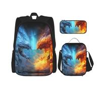 OUSIKA Set di 3 zaini casual con stampa artistica Fire VS Ice con portapranzo, per donne e uomini, Nero , Taglia unica, Zaini
