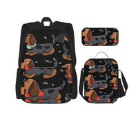 OUSIKA Set di 3 zaini con stampa bassotti I Love My Dog, stile casual, con portapranzo, astuccio per donne e uomini, Nero , Taglia unica, Zaini