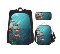 OUSIKA Set di 3 zaini con stampa di acquario, stile casual, con portapranzo, per donne e uomini, Nero , Taglia unica, Zaini