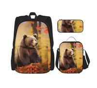 OUSIKA Set di 3 zaini con stampa di orso marrone in autunno, casual, con portapranzo, astuccio per donne e uomini, Nero , Taglia unica, Zaini